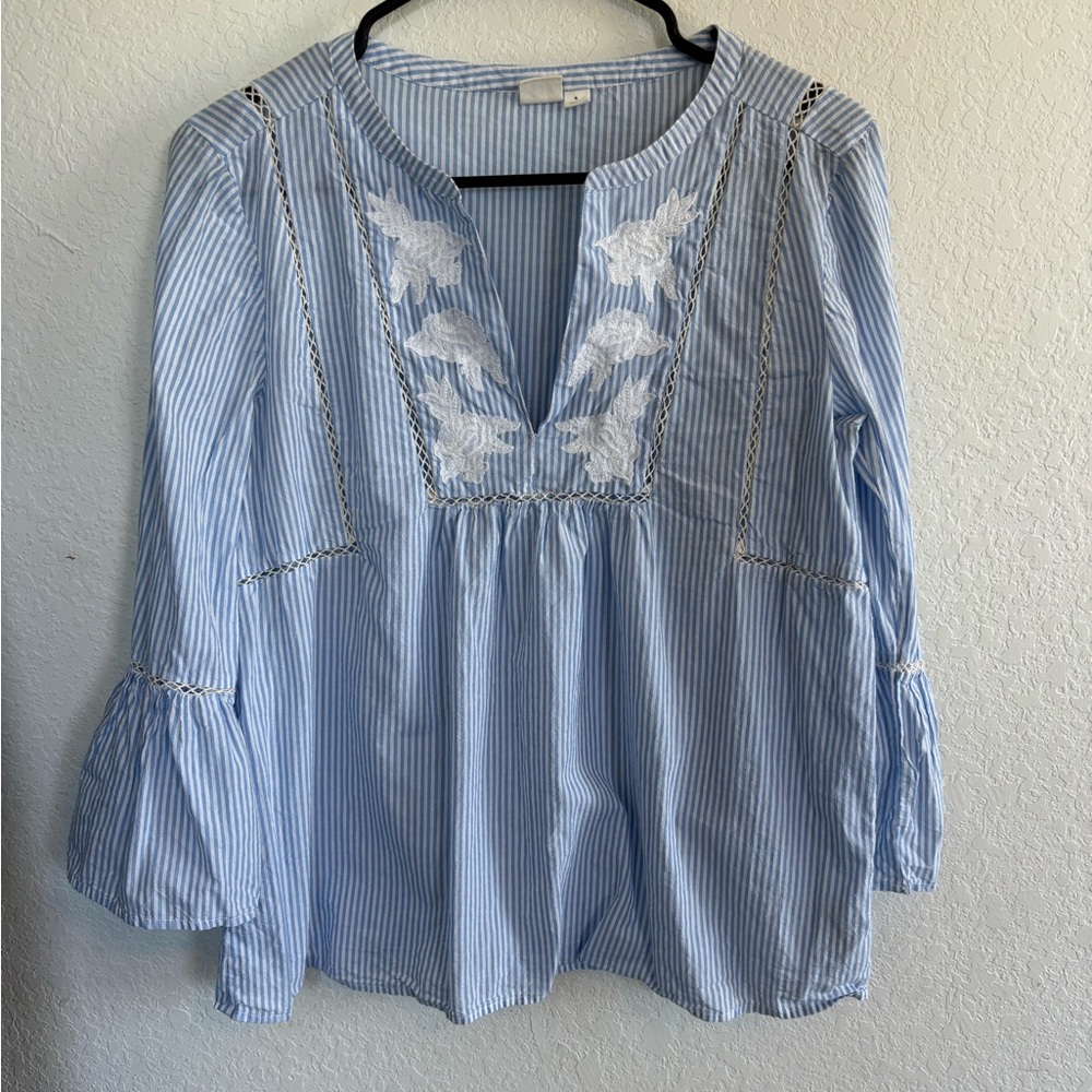 GAP Light Blue Striped Blouse with White Embroidery